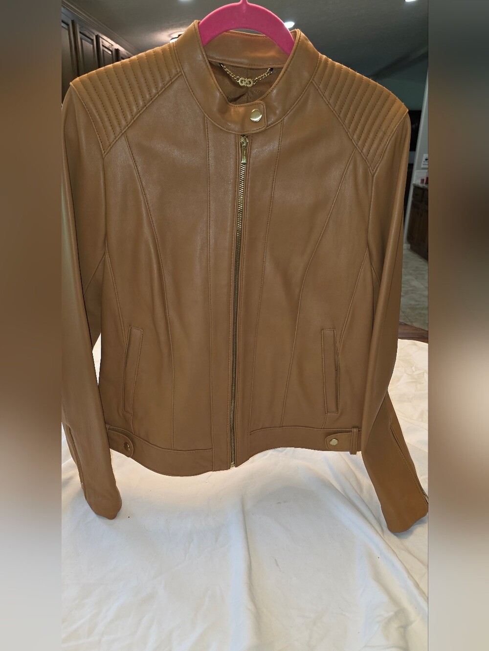 Cole Haan Caramel Brown Leather Zip Moto Jacket